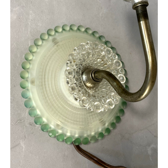 Vintage 1930s Art Deco Green Frosted Glass Wall Sconce Hobnail Beaded Backplate - Picture 6 of 12